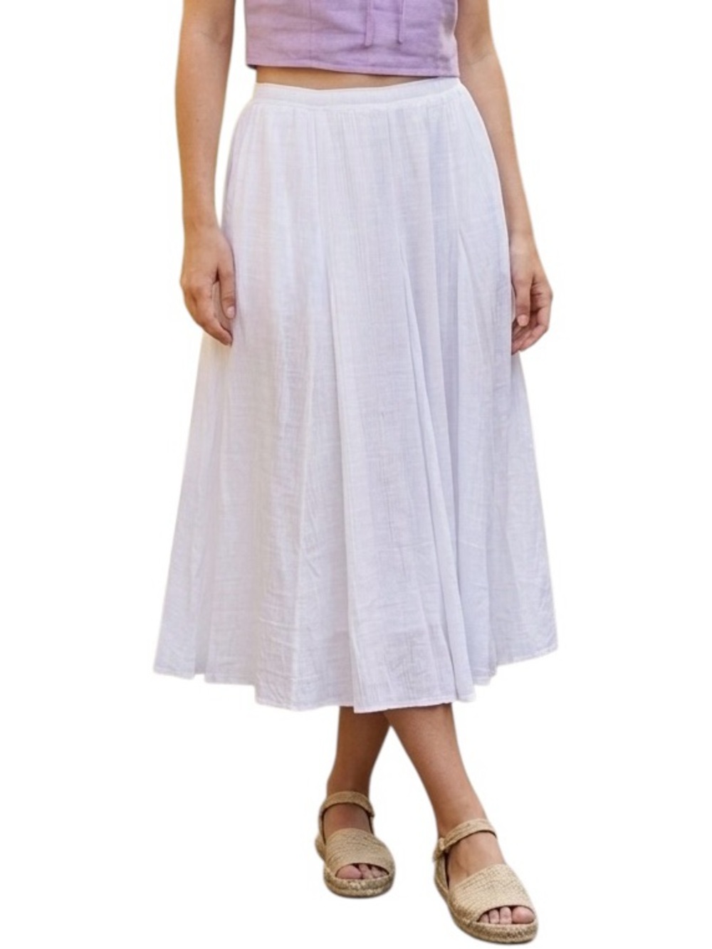 Zac & Rachel White Pleated Crinkle Gauze Midi Skirt Elastic Waist Boho Size L